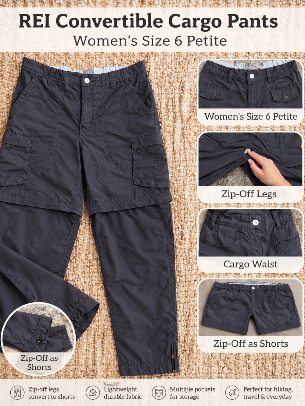 REI Convertible Cargo Hiking Pants Womens 6P Gray Zip-Off Trail Utility Outdoor